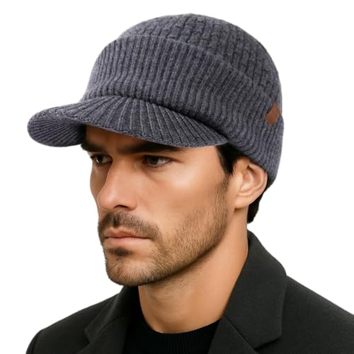 TOP-EX PolarWool™ 50% lana merino gorra con visera para hombre y mujer, gorro de punto de invierno con forro polar para esquí al aire libre, M-XXL, gris, XL-XXL
