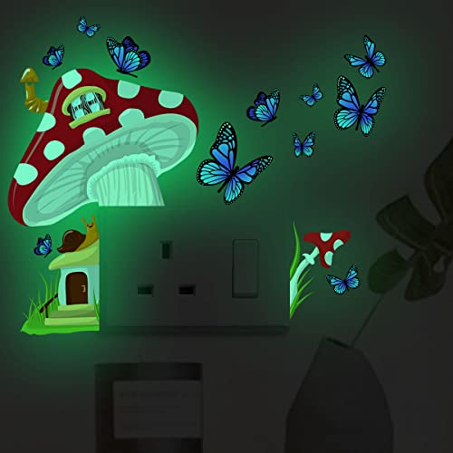 Glow In The Dark Big Mushroom Wall Sticker Luminous Snail House Wall Decals Grass Blue Butterfly Light Switch Stickers For Girls Bedroom Nursery Living Room Bathroom Playroom Ceiling Decor Kids Gift (B) #TOP6