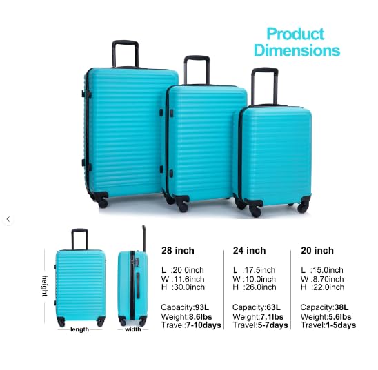 3 Piece Hardside Luggage Set Hardshell Lightweight Suitcase with Lock Spinner Wheels 20in 24in 28in (Light Blue)3