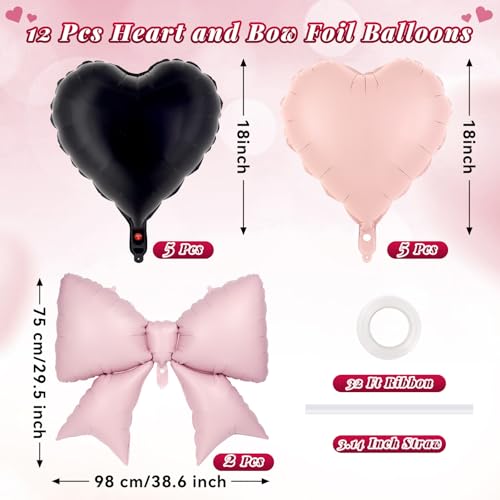 Image of 12 Pcs 18 Inch Heart Balloons and 38 Inch Bow Balloons, Large Foil Bow Heart Balloon Bow Party Decorations for Birthday Baby Shower Valentines Wedding Party