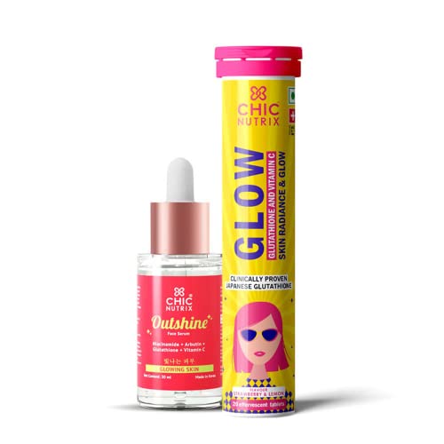 Image of Chicnutrix Glow+Outshine - 500mg Japanese L-Glutathione Effervescent Tablets & Korean Brightening Face Serum with 5 Brightening Actives | For All Skin Types | Cruelty & Paraben Free | For Radiant Skin