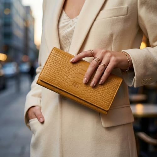 Image of Women's Top Grain Leather Wallet, RFID Blocking Bifold clutch, 17 Card Slots, Zip Pocket Organizer, Elegant Gift for Women - Birthday, Valentine, Anniversary - Croco Mustard