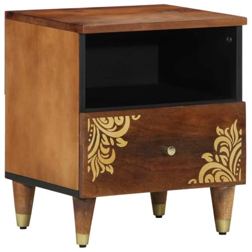 Cabinet de Chevet Moderne avec Tiroir et Porte en Bois de Manguier Massif Marron Miel 40x33x46 cm, Meuble de Rangement Élégant pour Chambre Contemporaine,...