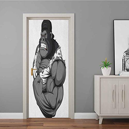 Cartoon Mural Wallpaper Image Of Big Gorilla Like As Professional Athlete Bodybuilding Gym Animal 3D Door Wall Mural Black White Grey For Bedroom House Door Living Office | 23.6" X 79" #TOP2
