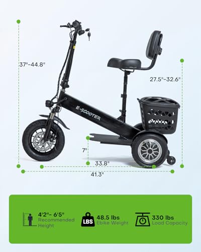 Image of Lightweight Foldable Mobility Scooter for Adults & Seniors, 3-Wheel | Foldable 3-wheel scooter with adjustable seat /handlebar, 330 lbs capacity, suspension, dual brakes, LED light, car storage