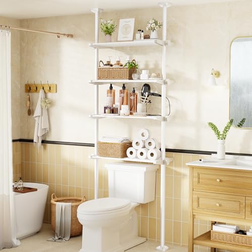 Bonpally Over The Toilet Storage Shelf, 4-Tier Adjustable Bathroom Organizer, No Drill Tension Mounted Shelves Metal, Space-Saving Bathroom Cabinet Rack Above Toilet for Small Bathroom Rooms, White