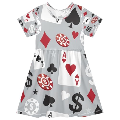 Poker Casino Card Pattern Girls Dress Short Sleeve Dress Girls' Summer Sundress 7-8T
