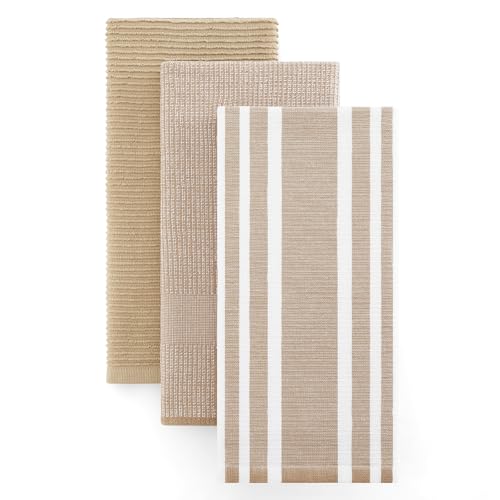 Image of Homaxy Premium Kitchen Towels(18 inchx 28 inch, 3 Pack), Large Cotton 380 GSM Kitchen Hand Towels, Soft and Absorbent Terry Dish Towels, Multipurpose Tea Towel Set with Hanging Loop, Khaki