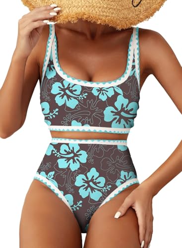 Herseas High Waisted Womens Bikini Sets Floral Print Two Piece Swim Suits 2026 Scoop Beach Vacation Outfits Padded Bathing Suits Sexy Classic Pool Party Swimwear Light Brown Small
