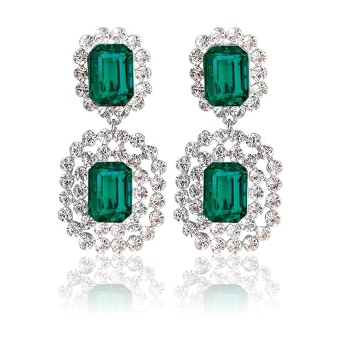 Sikkis Emerald Green Dangle Earrings, Vintage Crystal Earrings Rhinestone Drop Dangling Earrings, Silver Cubic Zirconia Diamond Earrings Jewelry Gift for Women Cover