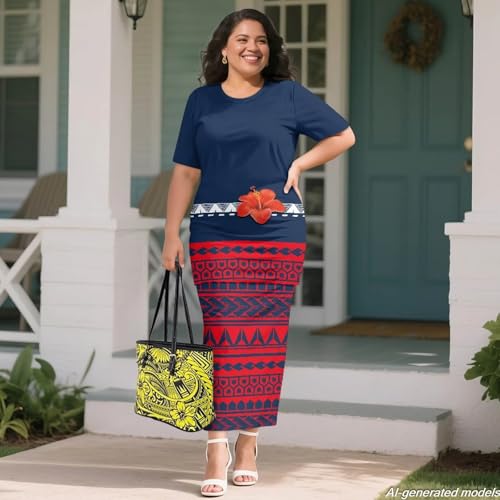 Image of Puletasi Polynesian Tribal Clothing Two Piece Skirt Set for Women Outfits Short Sleeve Top High Waist Midi Skirt