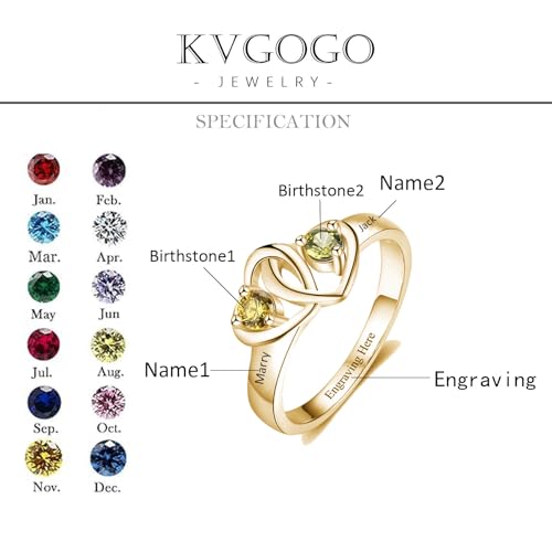 Birthstone Two heart Promise Rings Solid 10k 14k 18k Yellow Gold with Engraved 2 Names Customized 2 Birthstones For Grandma Mom Wife3