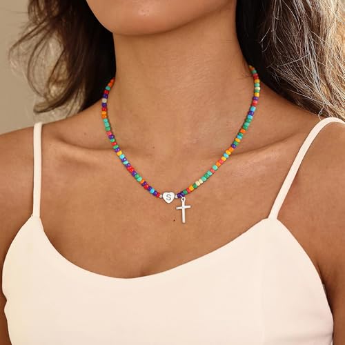 Colorful Initial Necklaces for Girls Women Kids - Teen Girls Gifts Trendy Cross Cross Beaded Initial Necklace Dainty Letter Gifts Choker Necklace for Girl Jewelry3