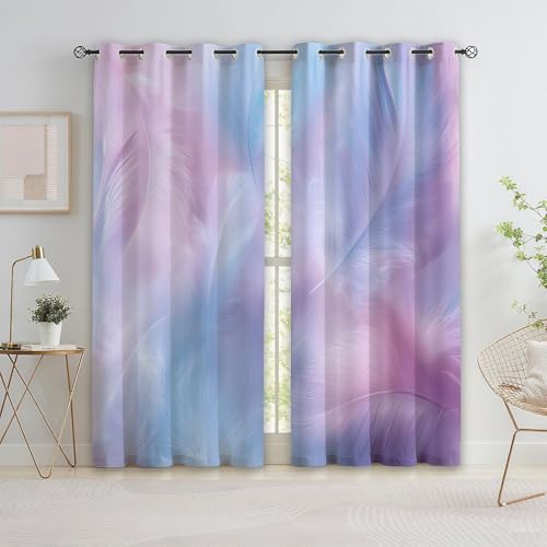 Lot de 2 Rideaux Occultant 75 X 166 cm (L x H) - Rideau Occultant Fantaisie Onirique Abstrait Plume Thermique Isolant à Oeillets, Draperies Imprimés Rose...