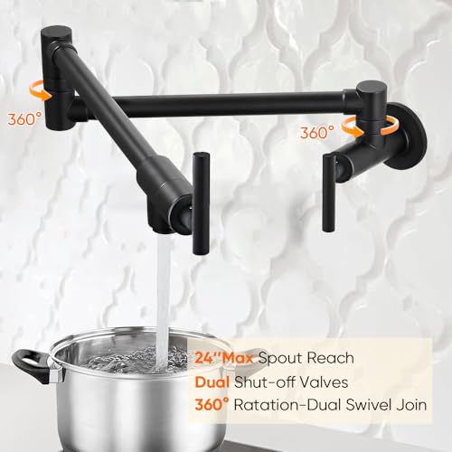 OWOFAN Pot Filler Faucet Matte Black Commercial Wall Mount Stove Faucet Stainless Steel Pot Filler Folding Faucet Over Stove Kitchen Pot Faucet with Double Joint Swing Arms, 866113R - Thumbnail 3