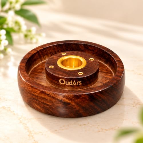 Handcrafted Wooden Round Incense Holder with Brass Cup (Brown, 10...