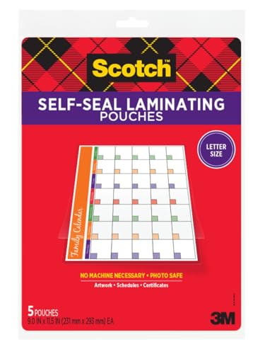 Scotch Self-Sealing Laminating Sheets, Gloss Finish, 9 in x 11.5 in, Easy to Use and No Laminator Needed, 5/Pack