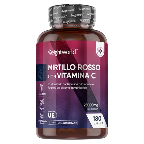 Cranberry Integratore Alimentare Vegano da 25000mg per Capsula, 180 Cranberry Capsule con Vit C, Estratto Mirtillo Rosso 50:1 con Vitamina C (come Acido L-Ascorbico), Senza Magnesio Stearato né OGM