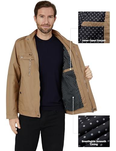 Image of Wantdo Men's Cotton Lightweight Military Jacket Casual Windbreaker | Stand Collar,5 Pockets,Windproof,Snap Cuffs,Spring Fall Daily Commute Work Outdoor Wear,Regular Fit,Versatile Outerwear