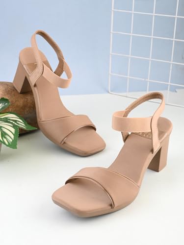Image of XE Looks Women's Trendy Block Heels | Open-Toe Sandals with Elastic Support | Anti-Skid Sole & Cushioned Footbed Block Heels For Girls & Women