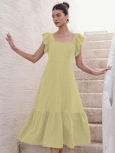 Image of Sugathari Girl's & Women's Solid Color Square Neck, Ruffle-Trimmed Hem Sleeveless, Ruffle Armhole and Casual Dress with Cinched Waist Vacation Outfits Woman (Dress 176)