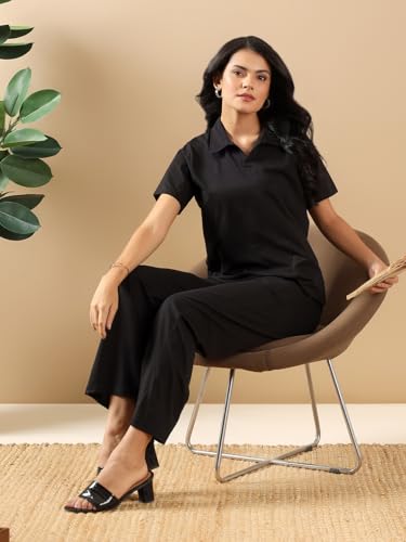 Image of Kvetoo Women Solid Tracksuit Set Cotton Lounge Wear Set Half Sleeve Polo T-Shirt & Straight Pant Casual Travel Outfit