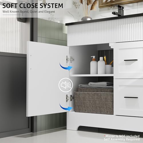 Image of eclife 48 inch Bathroom Vanities Sink Combo with Painted Surface, Modern Drawered Cabinet W /Decorative Wave Lines, Undermount Double Black Sink, Matte Black Faucet Drain, White