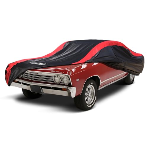 Image of Car Cover Custom Fit for Chevy Chevelle & Chevelle Malibu 1964-1972 | 2-Door /4-Door, Red Strip Design, Cotton Liner for Paint Protection, Rain Snow UV Proof, Door Zipper, Windproof, Storage Bag