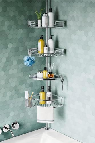 HAMITOR Corner Shower Caddy Tension Pole: Quick Installation 4-Ti...