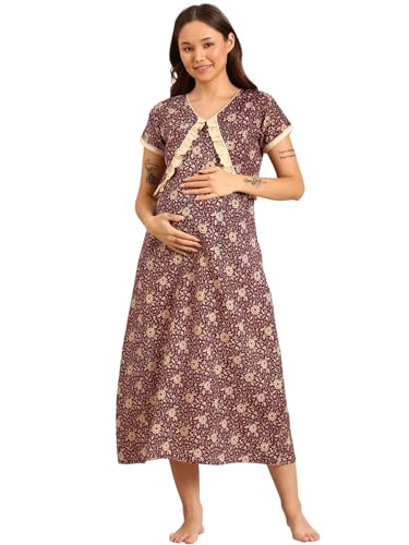 Image of Rupa Jon Aishwarya Women Full Length Maternity Night Dress in Cotton Blend Fabric, Maxi Nighty, Pregnancy Night Dress for Nursing, Pre and Post Pregnancy