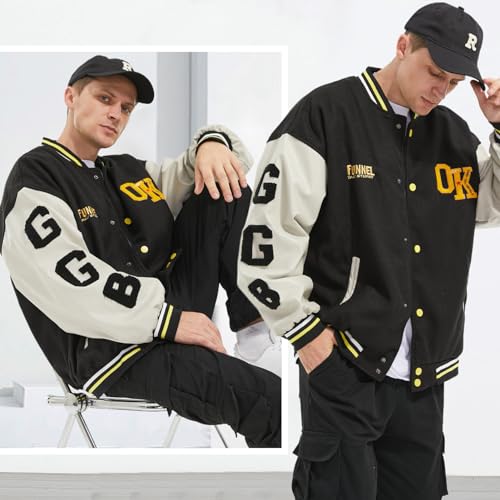 Image of Mens Varsity Jacket Baseball Bomber Jacket Vintage Unisex Streetwear Coats with Patchwork Hipster Utility Tops
