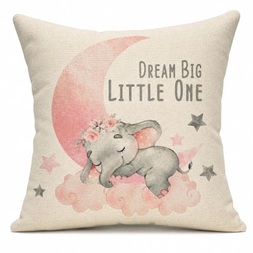 Image of Dream Big Little One Pillow Cover 16x16in Baby Elephant Nursery Decor