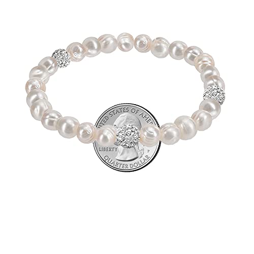 Savlano 8MM Cultured Freshwater Natural White Pearl Crystal Bead Stretch Bracelet 7 inches for Women Comes with Gift Box2
