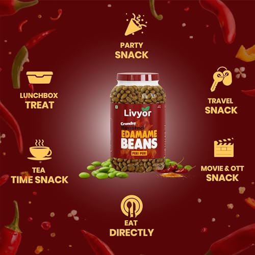 Image of Livyor Crunch Roasted Edamame Beans 1kg | Peri Peri Flavour | Roasted not fried | Plant based healthy snack | High Protein Snack | Gluten Free | Vegan | High In fibre | 500g*2