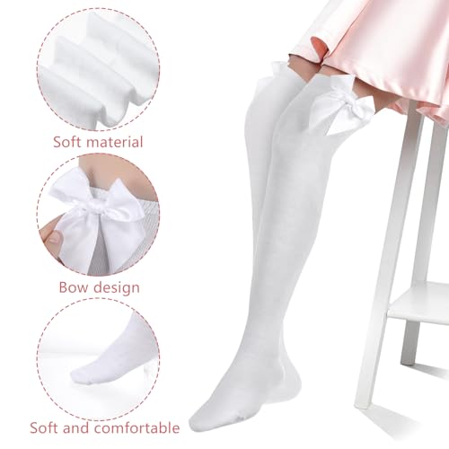 Image of Women's Cotton Opaque Knee High Socks Smooth Edge Bow Socks Cute Soft Knee Uniform Dress Sock with Bow Lolita Gothic (White)