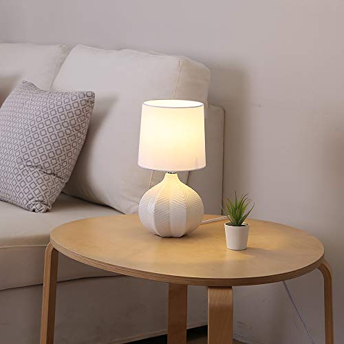 Sottae Modern Small Ceramic Milk White Bedside Table Lamp, Cute Contemporary Accent Glossy Desk Lamp With Fabric Drum Shade For Living Room Bedroom Nightstand House Home Office #TOP4