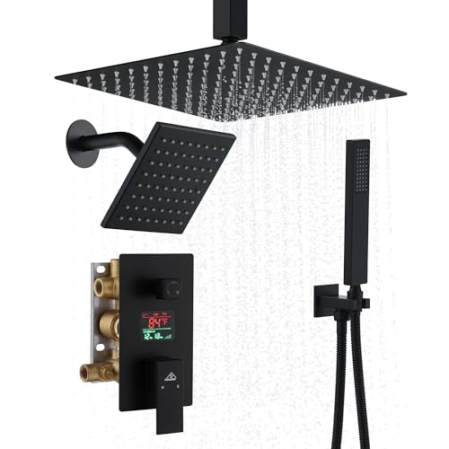 CASAINC Sistema de Ducha Montado en Techo con Cabezal de Lluvia de 12 Pulgadas y Spray de Mano & Cabezal de Ducha de 6 Pulgadas, Conjunto Multifuncional con Display de Temperatura de Agua (Negro Mate) miniatura 1