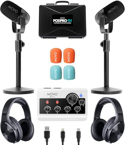 Movo Portable Podcast Equipment Bundle for iPhone/Android Phones- Podcast Kit with Audio Interface, 2 CastMic Dynamic Mics, 2 Table Stands - For Smartphones, Computers, PC, Mac - Lightning, USB, USB-C