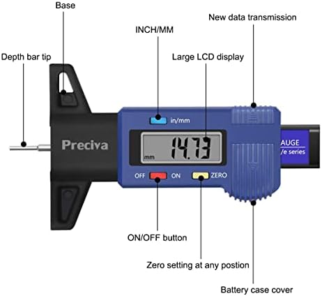 Tyre Tread Depth Gauge, Preciva 0-25.4mm/Inch Digital Tyre Tread Depth Checker, Tire Tread Depth Gauge UK, Portable Tyre Depth Measuring Tool with LCD Screen for Cars, Trucks, Motos