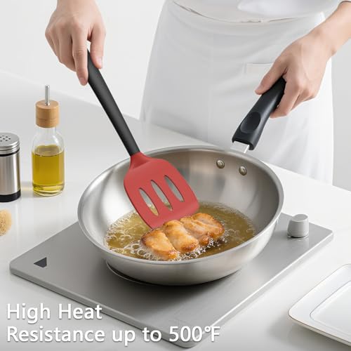 Image of Coukre 3 Pack Silicone Spatula Set, Heat Resistant to 500F, BPA-Free | Fish Spatula, Solid & Slotted Turners, Dishwasher Safe, Spatula Set for Eggs, Pancakes, Fish & Burgers, RedBlack