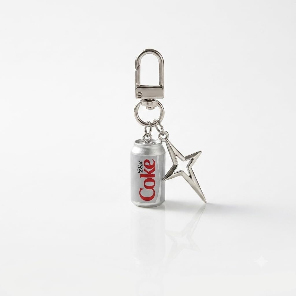 Diet Cokke Mini Can Keychain with Silver Star Charm, Novelty Bag