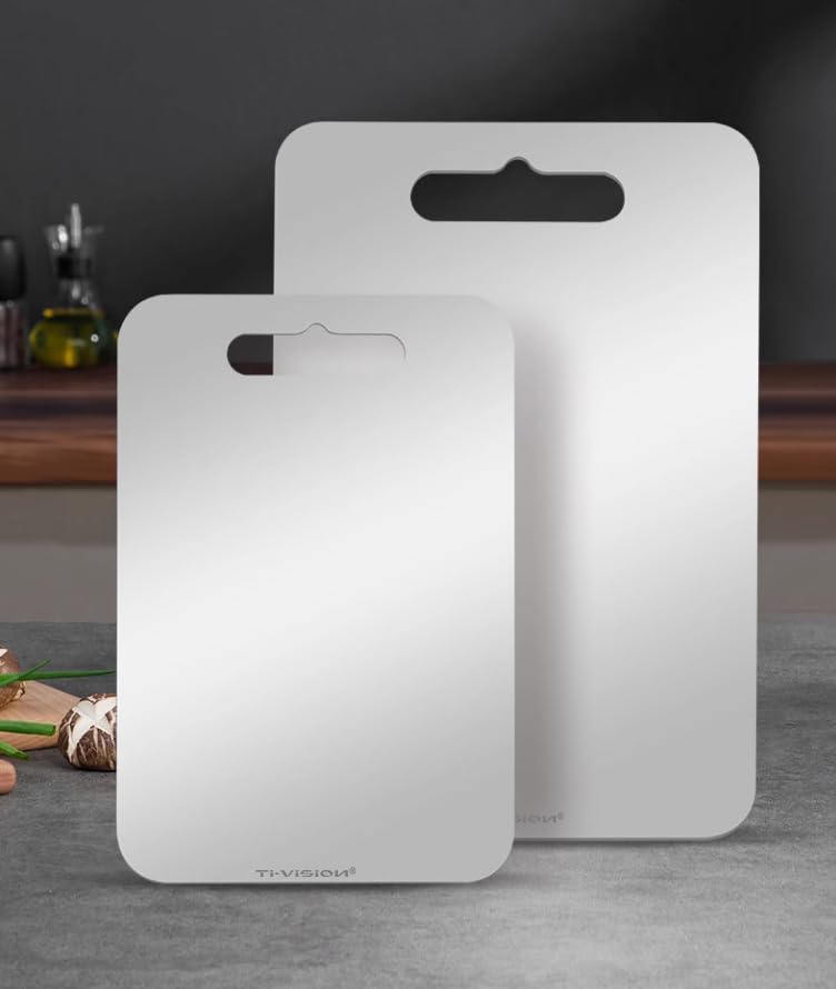 Tabla de cortar de titanio puro para cocina ultra delgada 0.04 pulg, amigable con cuchillos, fácil de limpiar 3 piezas miniatura 2