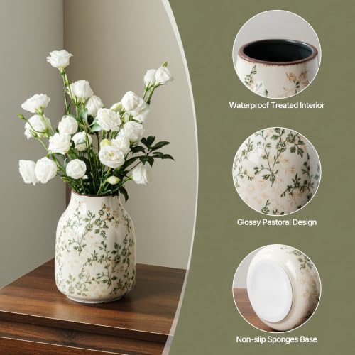 Image of Ceramic Flower Vase | Green Rustic Farmhouse Vase for Home Decor, Vintage Floral Tuscan Decorative Pottery Vase for Living Room & Kitchen, Centerpieces, Mantel & Bookshelf, Entryway, Wedding(7.8 Inch)