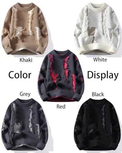 Men's Contrasting Pullover Ripped Tassel Long Sleeved Sweater Round Neck Large Size Casual Sweater3