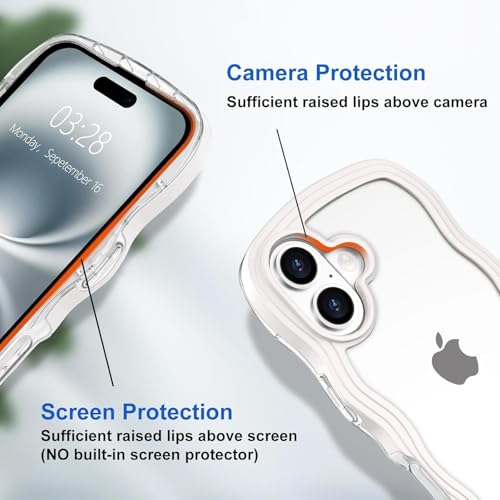 Image of GoldKart iPhone 16 Plus Case Wavy Edge Clear Back Design, Anti-Slip Grip Cute Wave Curly Frame Shape Shockproof Soft TPU & Hard PC Bumper Protective Phone Case Cover for Women Girls - White