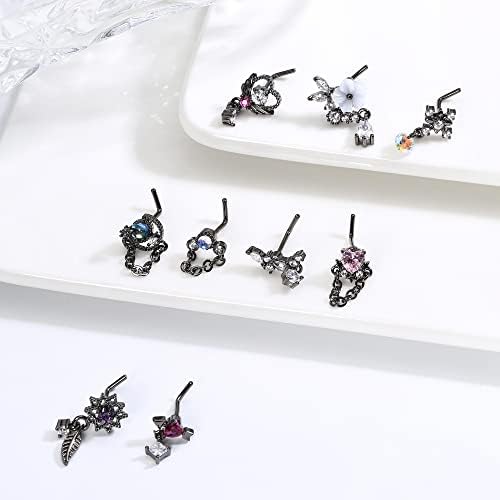 Kakonia 9 Pcs 20G Dangle Nose Rings Studs for Women Stainless Steel L Shaped Nose Studs Heart