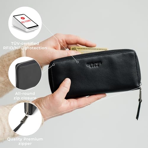 Image of BERLINER BAGS Genuine Leather Zip Wallet Women Palma, Gift Box - Black | Soft Leather Zip Around Wallet, 14 Card Slots, 1 ID Window, 2 Bill Compartments, Zippered Coin Pocket, RFID Blocking