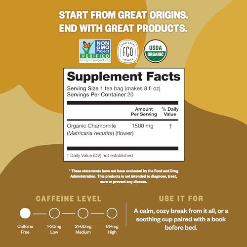 FGO Organic Chamomile Tea, 100 Eco-Conscious Tea Bags, Caffeine Free, Resealable Bag, Packaging May Vary (Pack of 1)