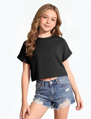 Image of Girls Crop Tops Short Sleeve T-Shirts for Girl Crew-Neck Basic Tee Size 7-14 Years