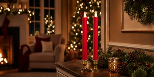 Image of Flameless Taper Candles Flickering with Remote and Timer, 3D Moving Flame Taper Candle Battery Operated to 400 Hours, 9 Inch Window Candles, (Holiday Red)